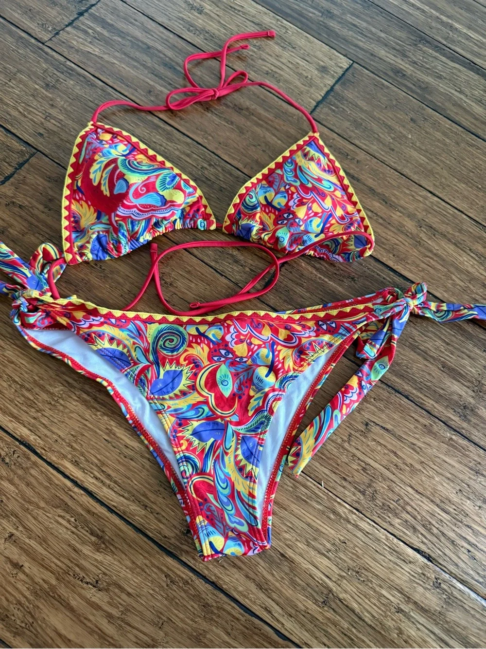 Vibrant Red Multicolor Paisley Triangle Bikini XL